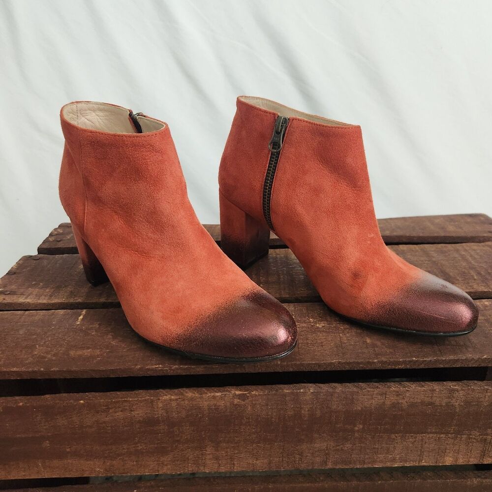 Women's Suede Ankle Booties — Burnt Orange with Dark Toe